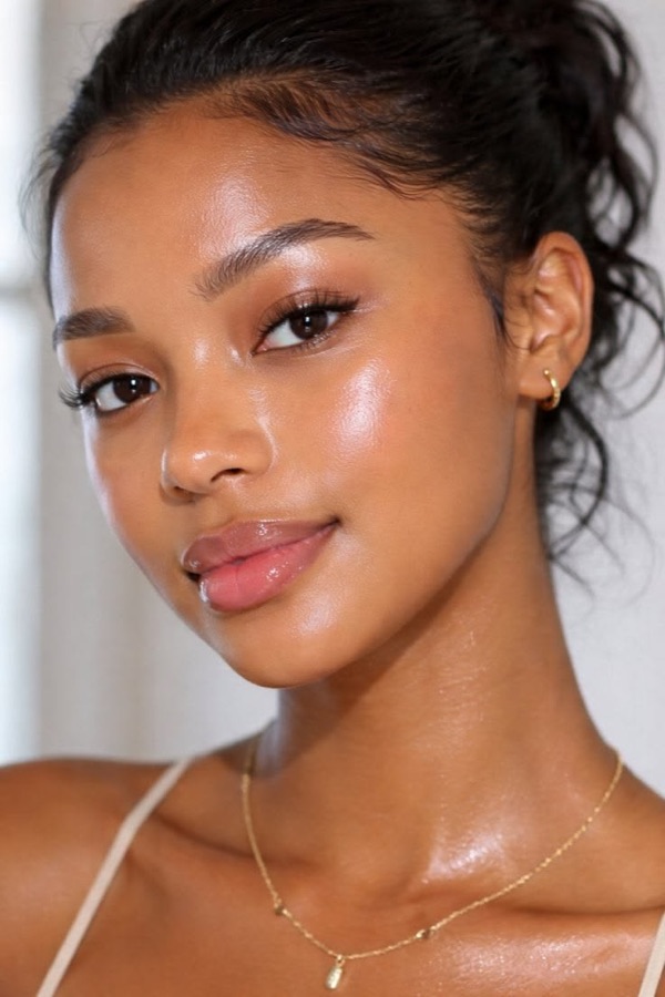 A woman with warm medium-brown skin and a dewy, even complexion.