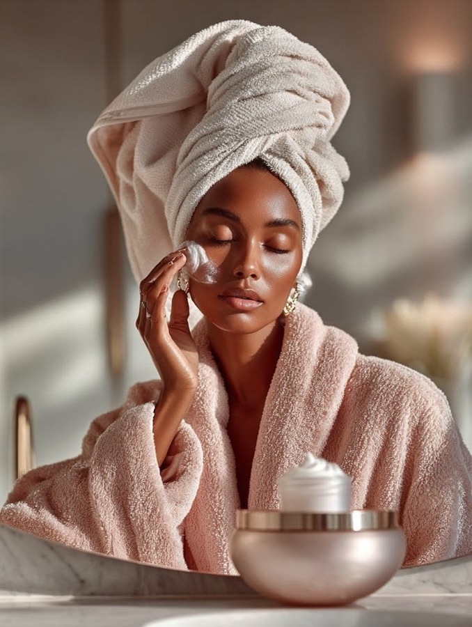 A woman with deep, glowing skin in a towel wrap, applying skincare with a serene expression.